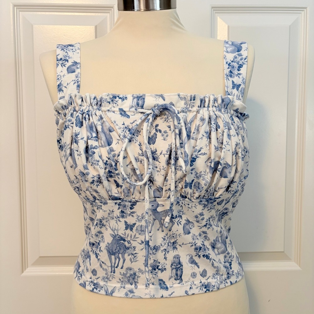 Cider Blue White Toile Animal Print Milkmaid Tank Top Smocked Back Womens 1XL